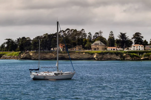 Cliffside Limanı 'ndaki tekne. Bir yelkenli, Santa Cruz, Kaliforniya 'daki kayalıkların ve evlerin yanındaki sakin bir koyda demirlemiş..