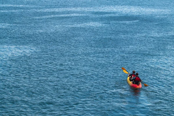 Two Men Kayaking Open Waters Couple Men Paddle Kayak Out — Stock Photo, Image