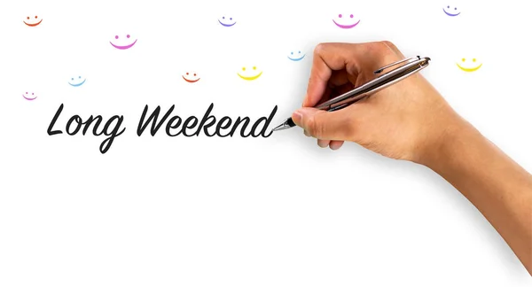 Fin de semana largo con escritura a mano y caras sonrientes en muchos colores — Foto de Stock