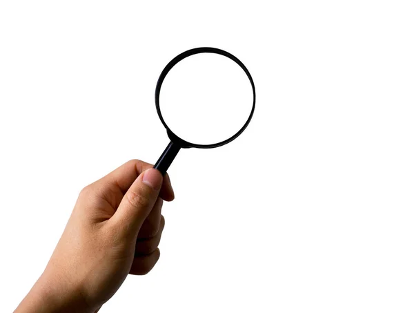 Hand holding magnifying glass, isolated on white background, with clipping path — Stock Photo, Image