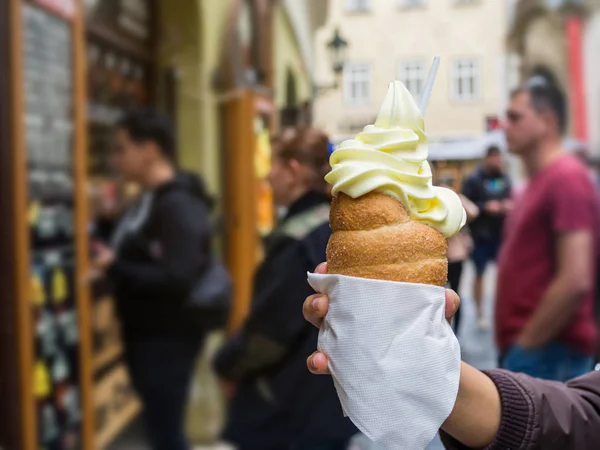 Ice cream donut cone famously sold at Prague, Czech republic — Stock Photo, Image