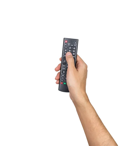 Рука дистанційного керування телевізором, що тримається ізольовано на білому тлі, відсічний контур — стокове фото