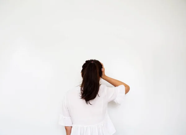 Girl Touching Head Hand Headache Stress Gesture — Stock Photo, Image