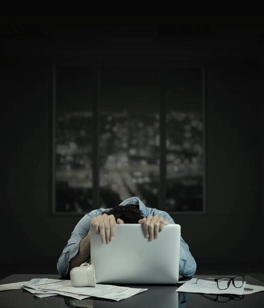 Man crawling on computer laptop, tired and stress of study and w