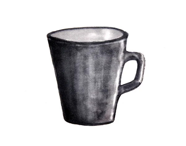 Tasse Aquarell, Skizze Aquarell. graue Tasse isoliert auf weißem Ba — Stockfoto