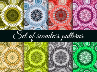 Mandala seamless modeli küme. Geometrik desen Budist ve Hindu tarzında. Vektör çizim.