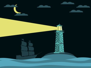 Deniz feneri ve gece denizde gemisiyle. Dalgalar ve deniz feneri. Vektör çizim.