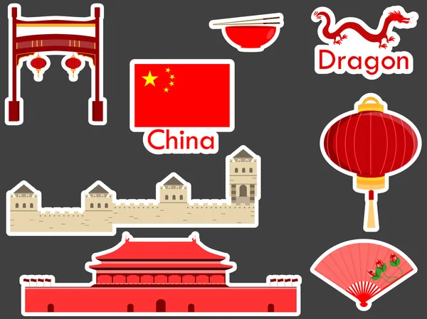 Pegatinas de China, hito chino. Ciudad Prohibida, un gran muro chino, palos, dragón. Parches elementos de China. Ilustración vectorial . — Vector de stock