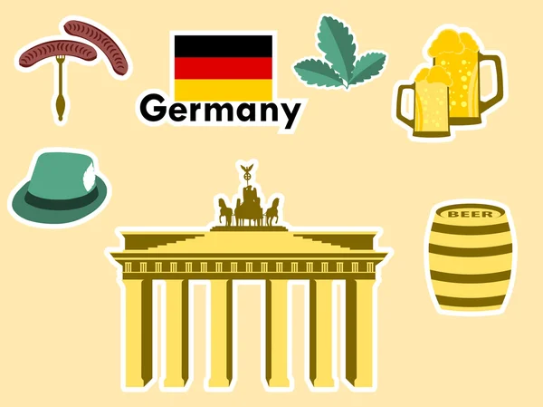 Német matricák, Németország szimbólumok, a Brandenburgi kapu, sör, tölgyfalombokkal, bajor kolbászok. Folt elemek, Németország. Vektoros illusztráció. — Stock Vector