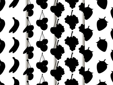 Meyve ile siyah ve beyaz dikişsiz desen. Muz, kiraz, çilek ve üzüm deseni. Vektör arka planı.