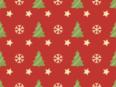 Noel Noel ağaçları, kar taneleri ve yıldız ile seamless modeli. Vektör çizim.