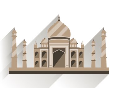 Uzun gölge ile Taj Mahal düz tarzı. Hindistan'daki Antik Saray beyaz arka plan üzerine izole edilmiş. Vektör çizimi.
