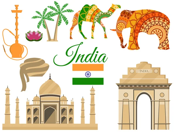 Viajar a la India, símbolos tradicionales de la India, iconos atracciones. Ilustración vectorial . — Vector de stock