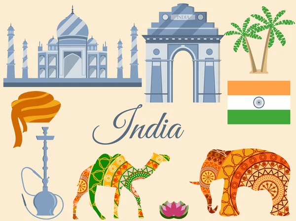 Viajar a la India, símbolos tradicionales de la India, iconos atracciones. Ilustración vectorial . — Vector de stock