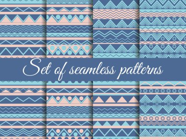 Set seamless ethnic pattern, tribal texture, hippie style. Color trends: Riverside, Pale Dogwood, Island Paradis. Vector illustration. clipart