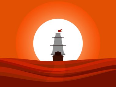 Gün batımına doğru uzakta yüzen gemi. Yelken Ortaçağ gemi arka görüş. Kolomb Günü. Vektör çizim.