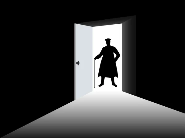 Sylwetka człowieka w płaszcz w otwarte drzwi. Człowiek z laską o wejście do ciemnego pokoju. Światło z otwartych drzwi. Ilustracja wektorowa. — Wektor stockowy