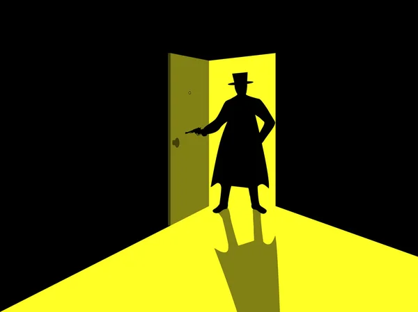 Un hombre armado parado en la puerta. Un hombre armado en una puerta abierta. Luz de la puerta abierta. Ilustración vectorial . — Vector de stock