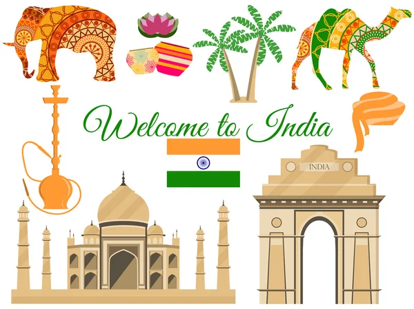 Bienvenue en Inde, symboles traditionnels de l'Inde, attractions icônes. Illustration vectorielle . — Image vectorielle