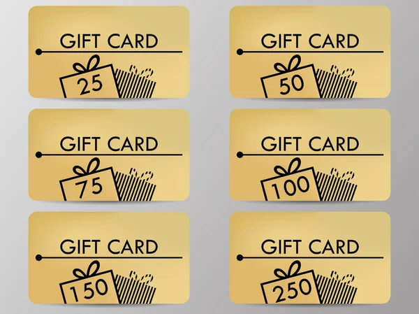 Bir hediye kutusu hediye kartı. Bir degrade arka plan rengiyle gerçekçi hediye kartı. Vektör çizimler kümesi. — Stok Vektör