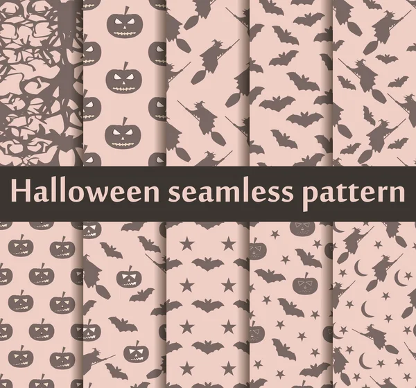 Halloween seamless patterns set. Pattern with Lamp Jack, Bats and witch. Halloween symbols. Vector illustration. — Stock Vector