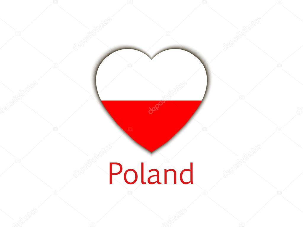 Heart with Polish flag with shadow isolated on white background. Poland