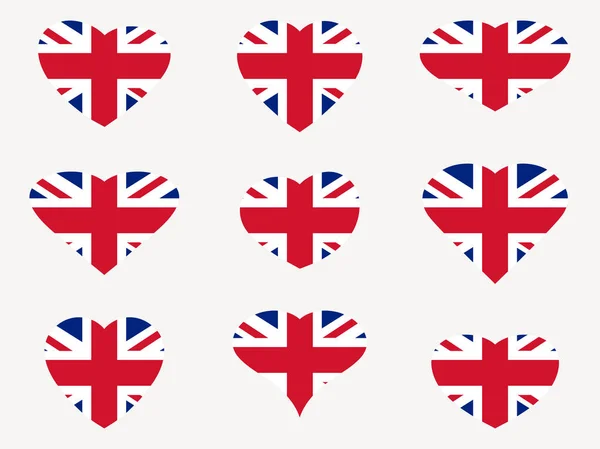 Corazones con la bandera del Reino Unido. Me encanta el Reino Unido. Juego de iconos de bandera de Inglaterra. Ilustración vectorial . — Vector de stock