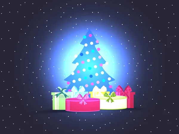 Arbre de Noël avec coffrets cadeaux. Affiche de Noël lumineuse. Illustration vectorielle . — Image vectorielle