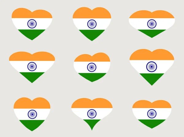 Corações com a bandeira indiana. Adoro a Índia. Conjunto de ícones de bandeira indiana. Ilustração vetorial . — Vetor de Stock