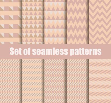 Geometrik şekiller ile Seamless Modeli ayarlayın. Bej renkli geometrik şekiller içinde belgili tanımlık geçmiş. Vektör çizim.