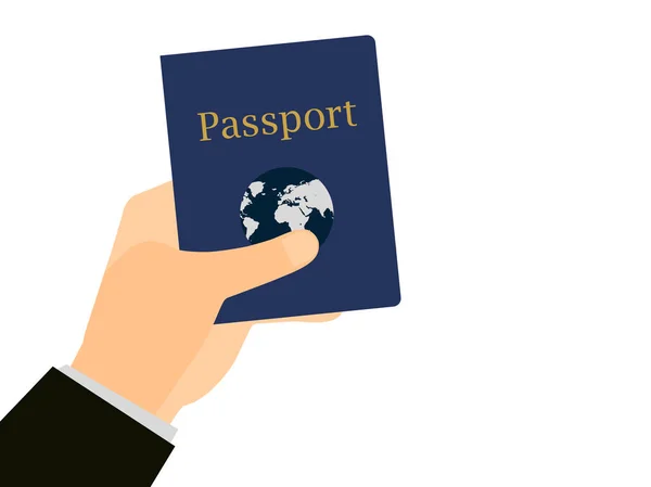 Ręka z paszportem na na białym tle. W dokumencie podróży, emigracji za granicą. Ilustracja wektorowa. — Wektor stockowy