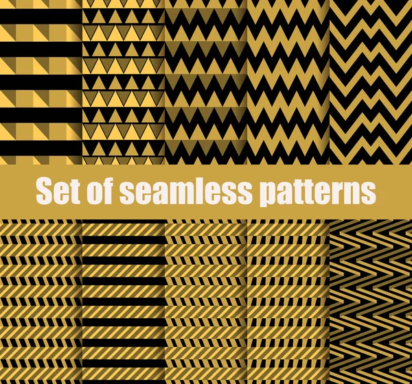 Setzen nahtlose Muster mit geometrischen Formen. goldene und schwarze geometrische Figuren im Hintergrund. Vektorillustration. — Stockvektor