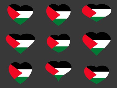 Kalpleri Filistin bayrağı vardı. Palestine seviyorum. Palestine bayrak Icon set. Vektör çizim.