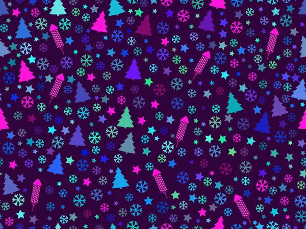 Seamless pattern with Christmas trees and snowflakes. Christmas pattern. Rocket fireworks. Vector illustration. — Stock Vector