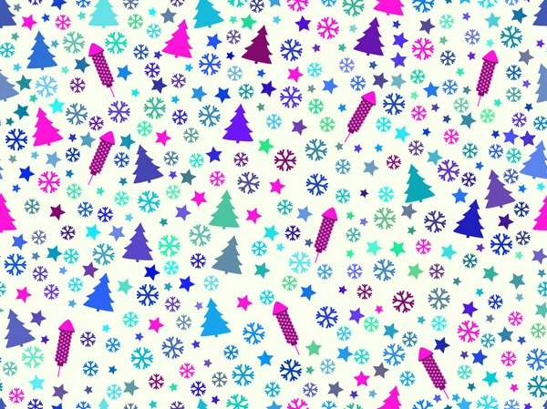 Varrat nélküli mintát a karácsonyfák és a hópelyhek. Karácsonyi minta. Tűzijáték rakéta. Vektoros illusztráció. — Stock Vector