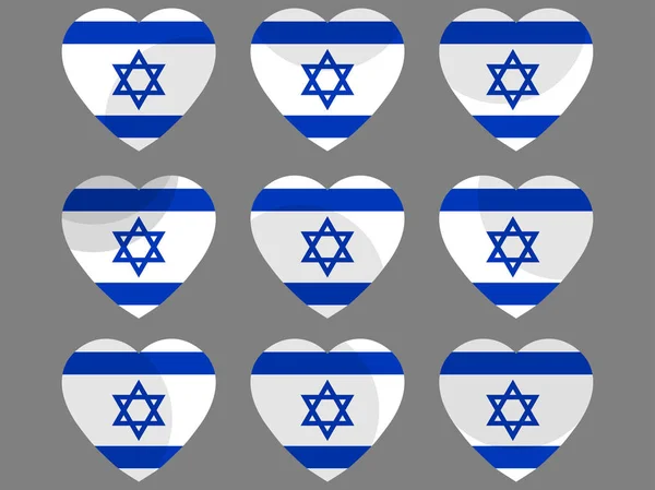 Corações com a bandeira israelita. Eu amo o Israel. Conjunto de ícones da bandeira de Israel. Ilustração vetorial . — Vetor de Stock