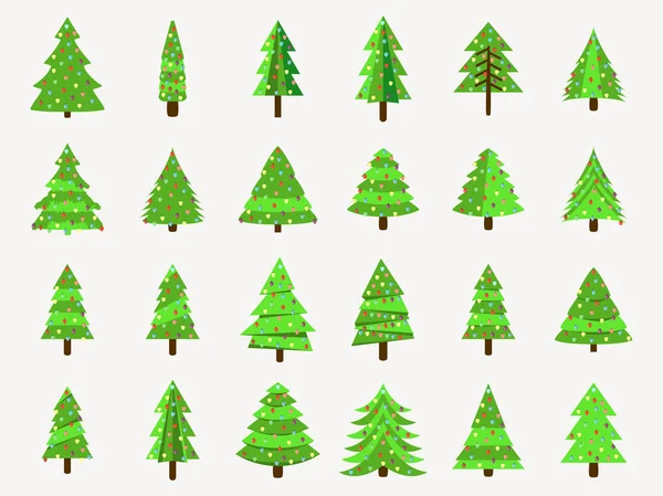 Vánoční stromky v ploché styl. Zdobené vánoční strom. Jedle, izolované na bílém pozadí. Vektorové ikony. — Stockový vektor