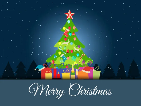 Weihnachtlicher Hintergrund mit geschmücktem Weihnachtsbaum, Geschenken und weihnachtlichen Symbolen. Vektorillustrationen. — Stockvektor