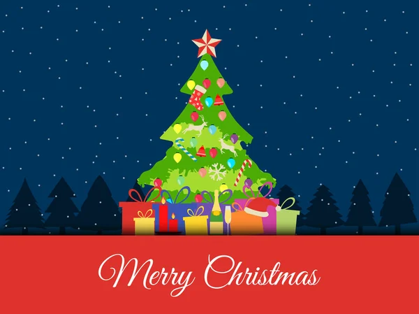 Fondo de Navidad con árbol de Navidad decorado, regalos y símbolos de Navidad. ilustraciones vectoriales . — Vector de stock