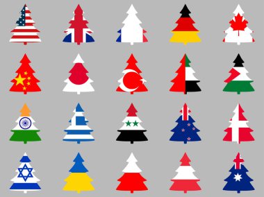 Firs dünyanın dört bir yanından farklı ülkelerin bayrakları ile. Noel ağaçları topluluğu. Vektör çizim.