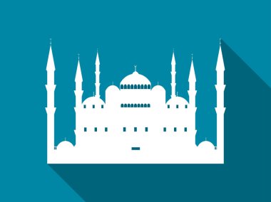 Cami uzun bir gölge ile. Mavi Cami düz simgesi. Vektör çizim.