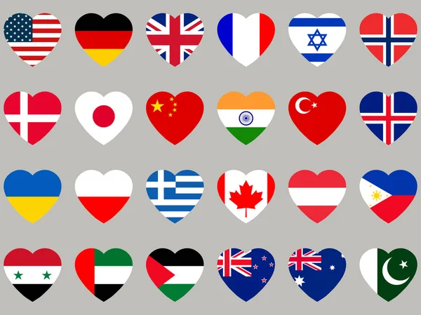 Corazones con bandera. Conjunto de iconos de bandera. Ilustración vectorial . — Archivo Imágenes Vectoriales