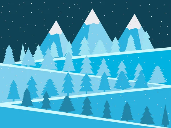 Paisaje de montaña con árboles de Navidad. Picos nevados de diseño plano. Ilustración vectorial . — Vector de stock