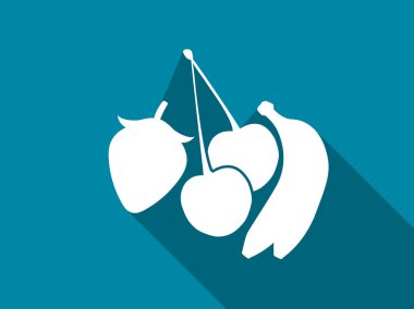 Meyve düz simgesi uzun gölge ile. Kiraz, muz ve çilek. Vektör çizim.