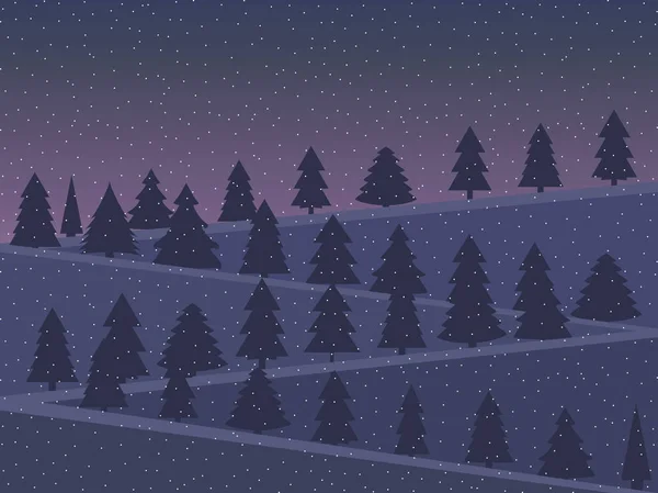 Nachtlandschaft mit schneebedeckten Weihnachtsbäumen im flachen Stil. Dämmerung in den Bergen. Vektorillustration. — Stockvektor