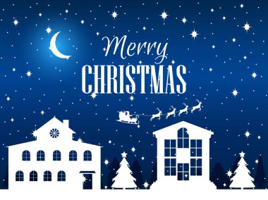 Mutlu Noeller. Kış manzara evleri, çam ağaçları ve kar taneleri ile. Xmas arka plan. Vektör çizim.