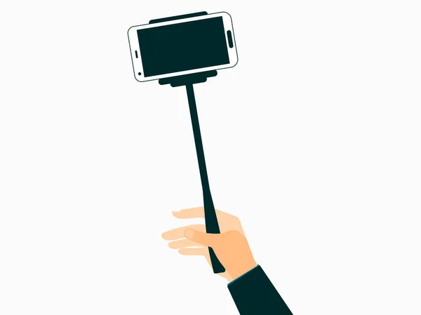 Die Hand hält einen Selfie-Stick mit Smartphones. Vektorillustration. — Stockvektor