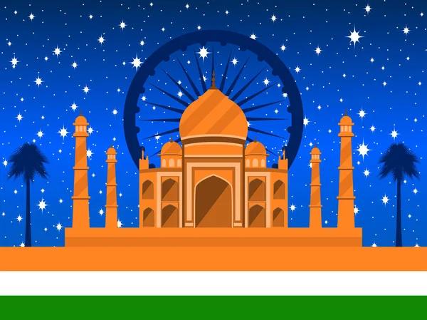 Dia da República da Índia. Taj Mahal com bandeira e palmas no fundo de um céu estrelado. Ilustração vetorial . — Vetor de Stock
