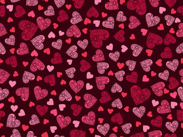 Nahtloses Muster mit Herzen und Ornamenten auf dunkelrotem Hintergrund. Glücklicher Valentinstag. Vektorillustration — Stockvektor