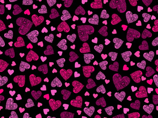 El patrón sin costuras con los corazones y el ornamento sobre el fondo negro. Feliz día de San Valentín. Ilustración vectorial — Archivo Imágenes Vectoriales